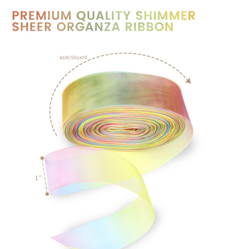 MOLSHINE 50yd Sheer Organza Ribbon, Premium Quality Shimmer Ribbons, Chiffon Band - Rainbow Seven Colors(Light Rainbow) (1" (25mm)) - Image 3